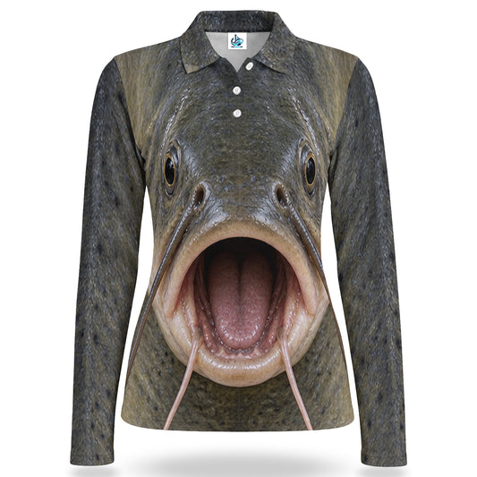 Catfish Face and Whiskers Women's Long Sleeve Fishing Polo