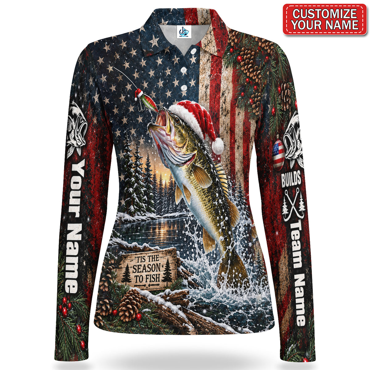 Personalized Santa Fish American Flag Women's Long Sleeve Fishing Polo