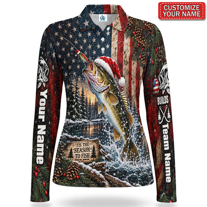 Personalized Santa Fish American Flag Women's Long Sleeve Fishing Polo