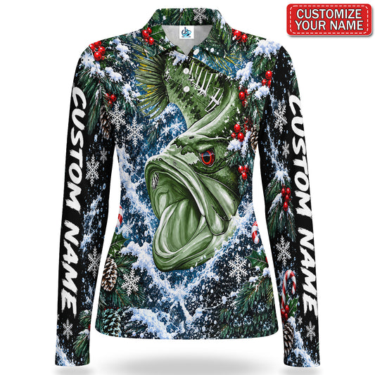 Personalized Bass and Snowy Pine Christmas Fishing Women's Long Sleeve Polo