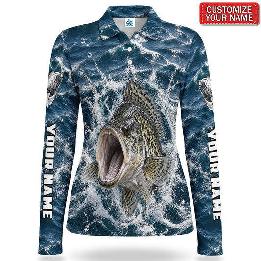 Personalized Crappie Water Splash Fishing Women's Long Sleeve Polo