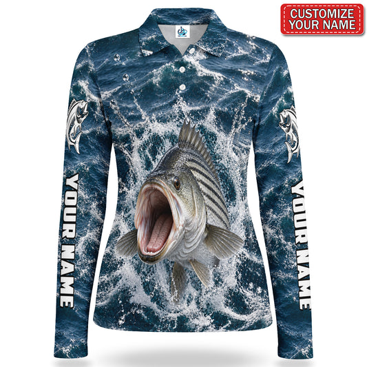 Personalized Striped Bass Water Splash Fishing Women's Long Sleeve Polo