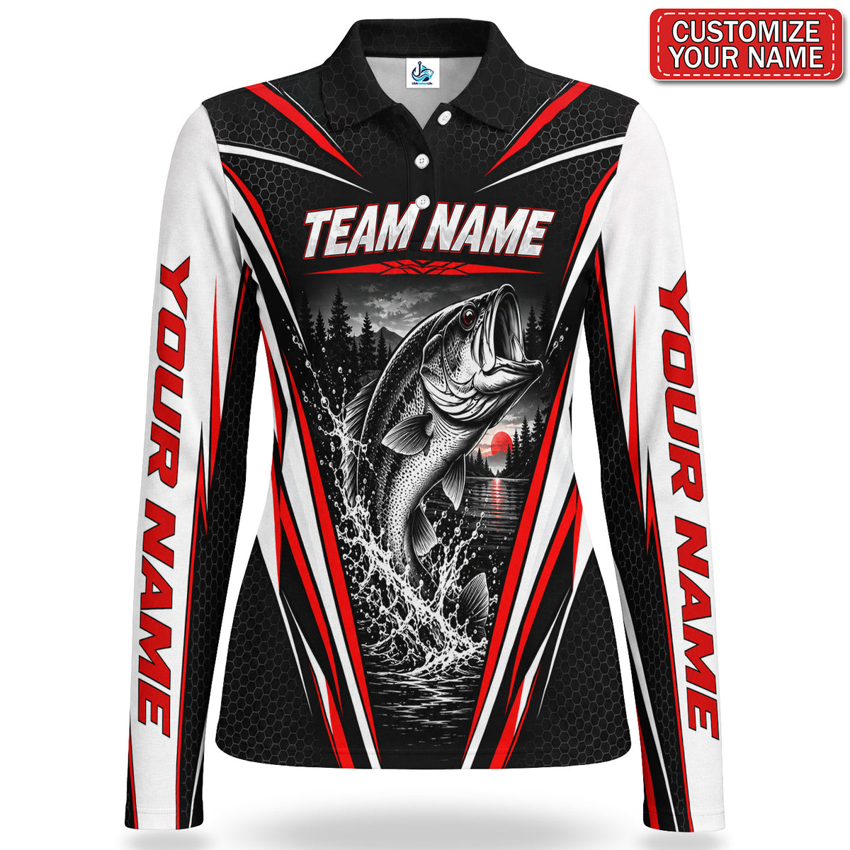 Personalized Team Bass Fishing Women's Long Sleeve Polo in Red, Black and White