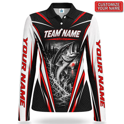 Personalized Team Bass Fishing Women's Long Sleeve Polo in Red, Black and White