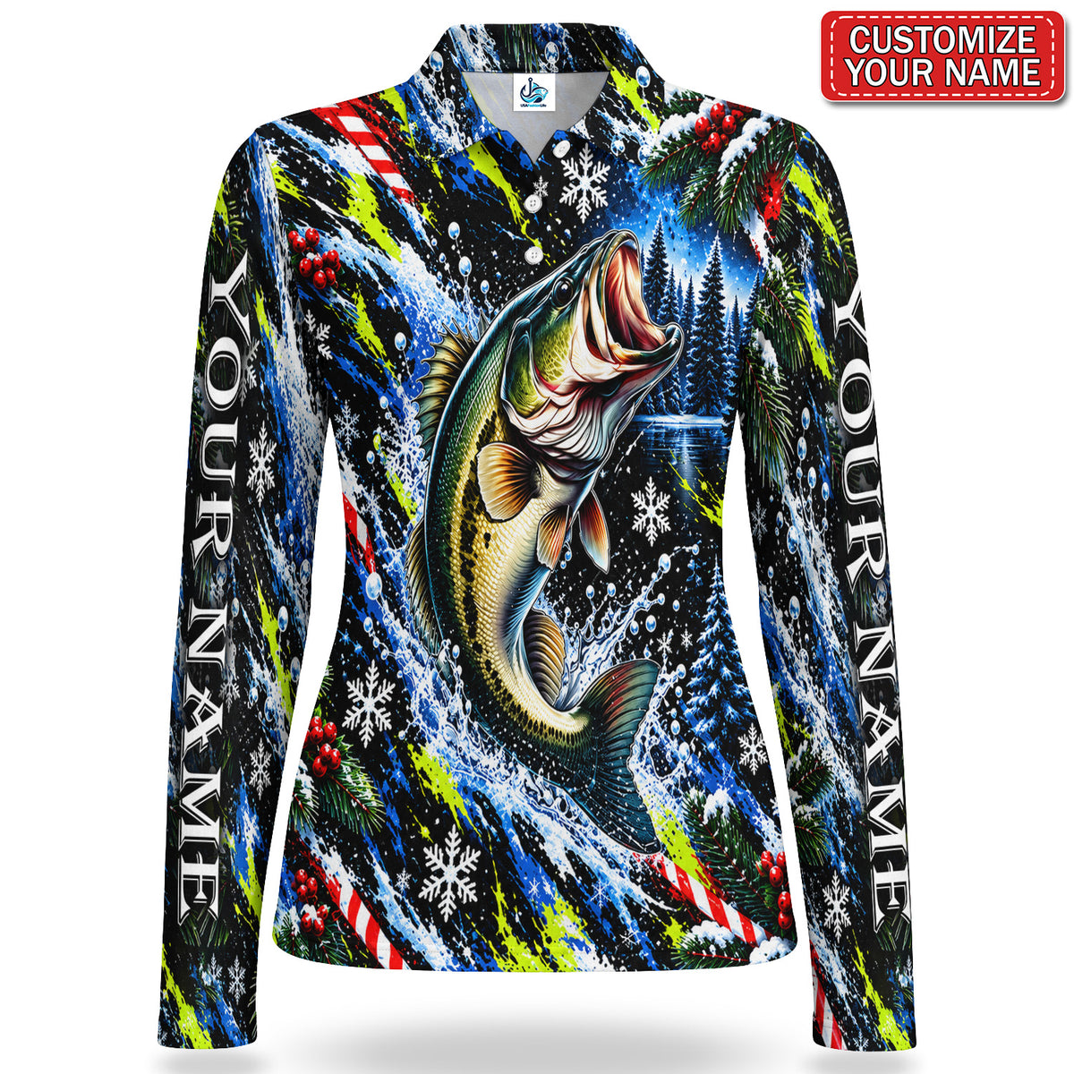 Personalized Jumping Bass Christmas Fishing Women's Long Sleeve Polo