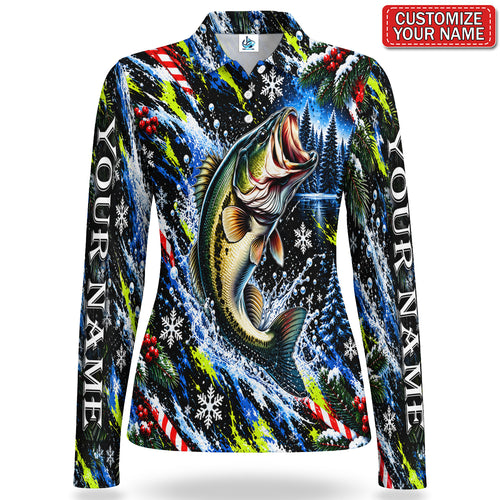 Personalized Jumping Bass Christmas Fishing Women's Long Sleeve Polo