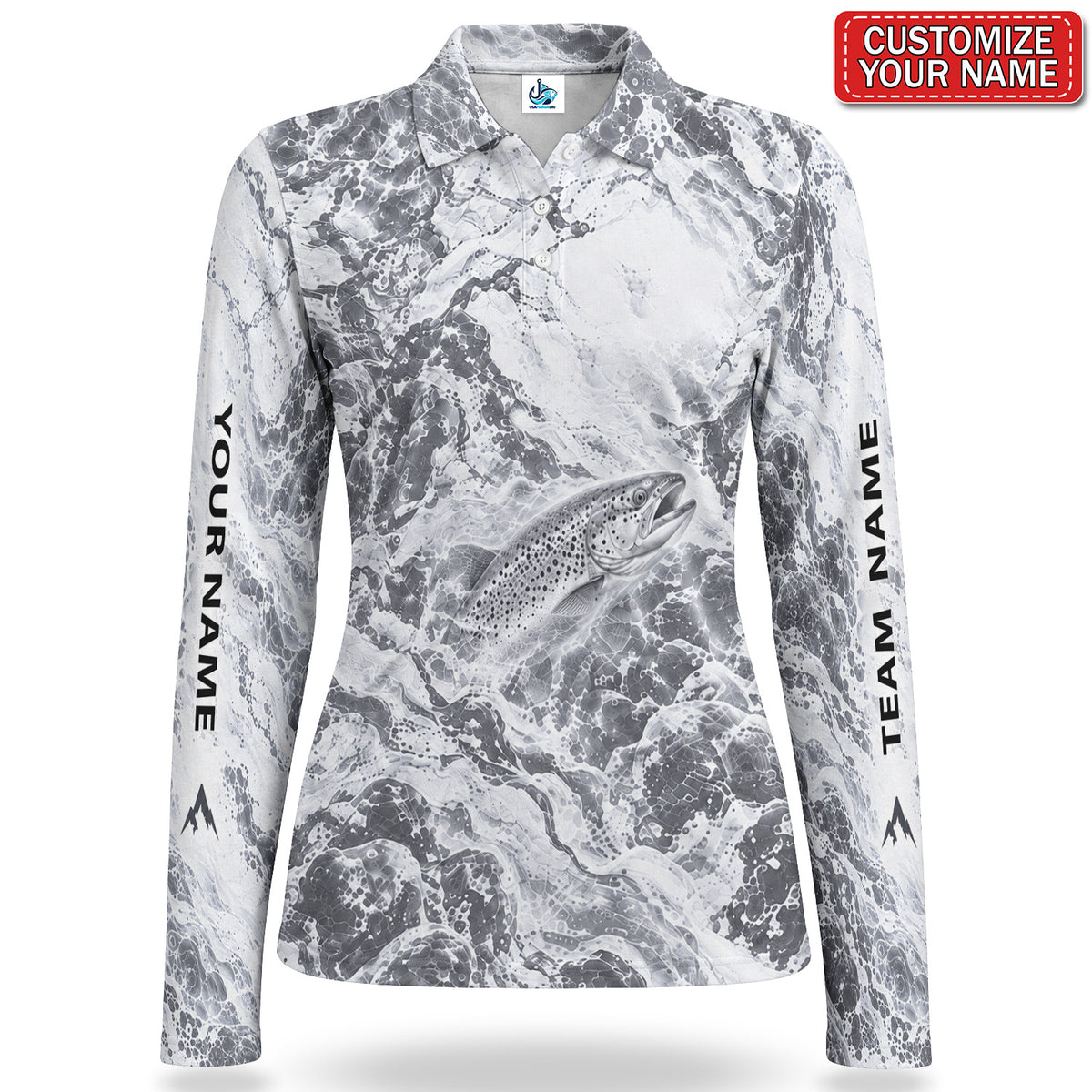Personalized Monochrome Trout and Water Splash Fishing Women's Long Sleeve Polo