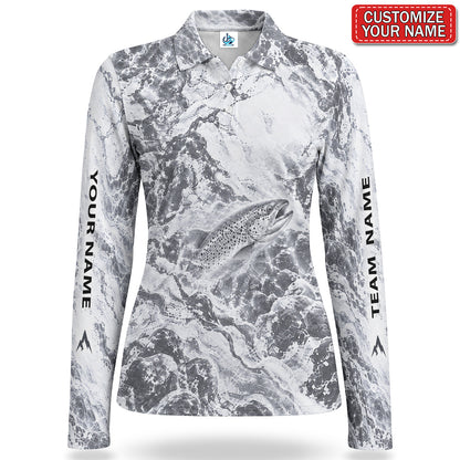 Personalized Monochrome Trout and Water Splash Fishing Women's Long Sleeve Polo