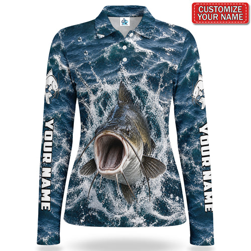 Personalized Catfish Water Splash Fishing Women's Long Sleeve Polo