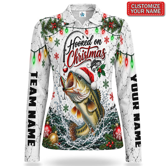 Personalized Hooked on Christmas Bass Fishing Women's Long Sleeve Polo