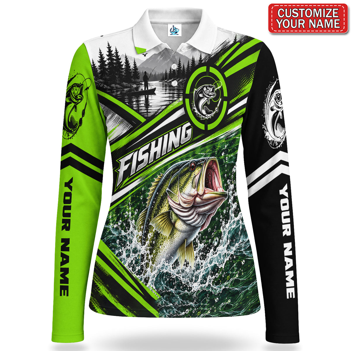 Personalized Neon Green Jumping Bass Fishing Women's Long Sleeve Polo