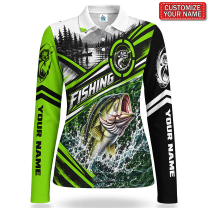 Personalized Neon Green Jumping Bass Fishing Women's Long Sleeve Polo
