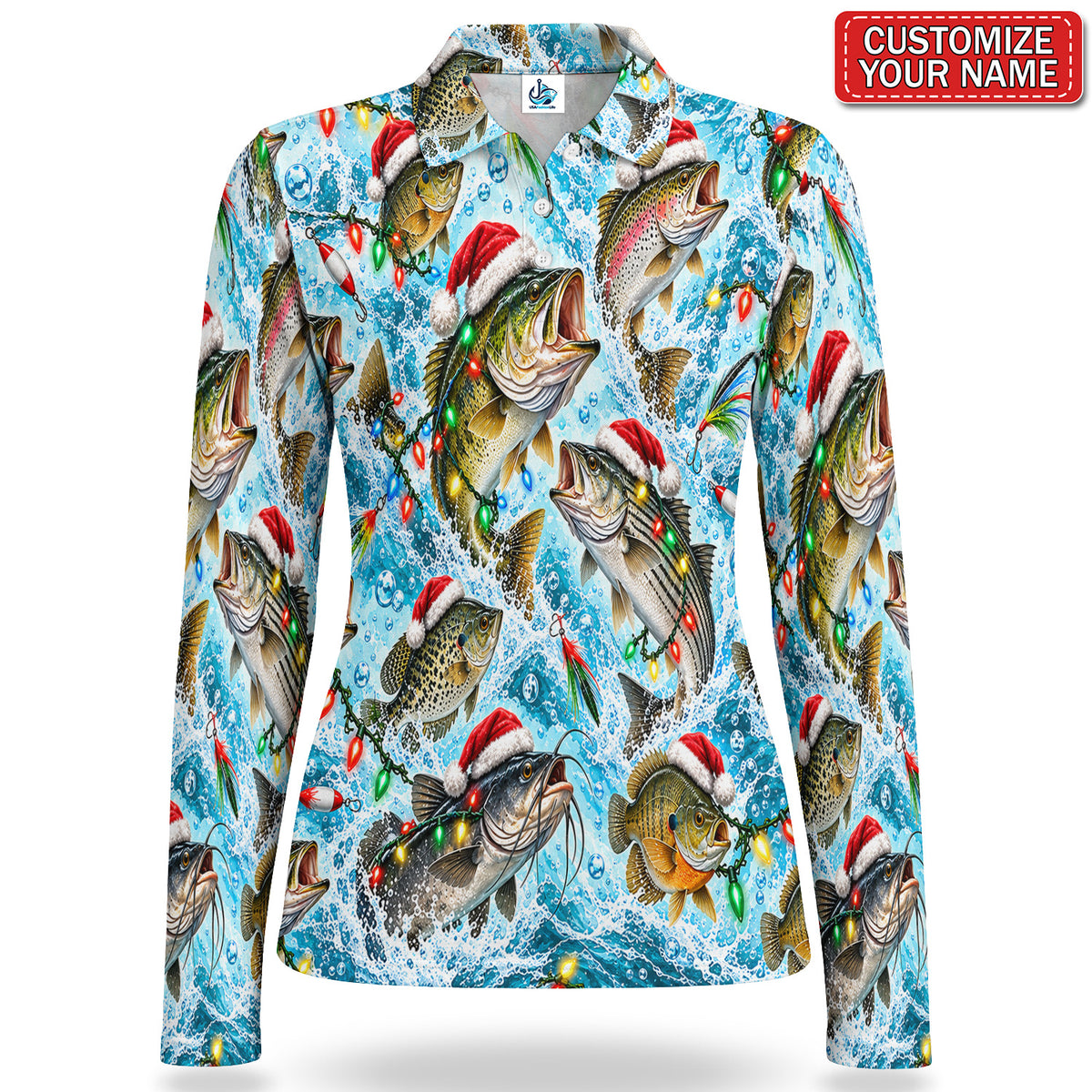 Personalized Christmas Fish and Holiday Lights Fishing Women's Long Sleeve Polo