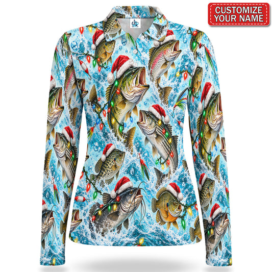 Personalized Christmas Fish and Holiday Lights Fishing Women's Long Sleeve Polo