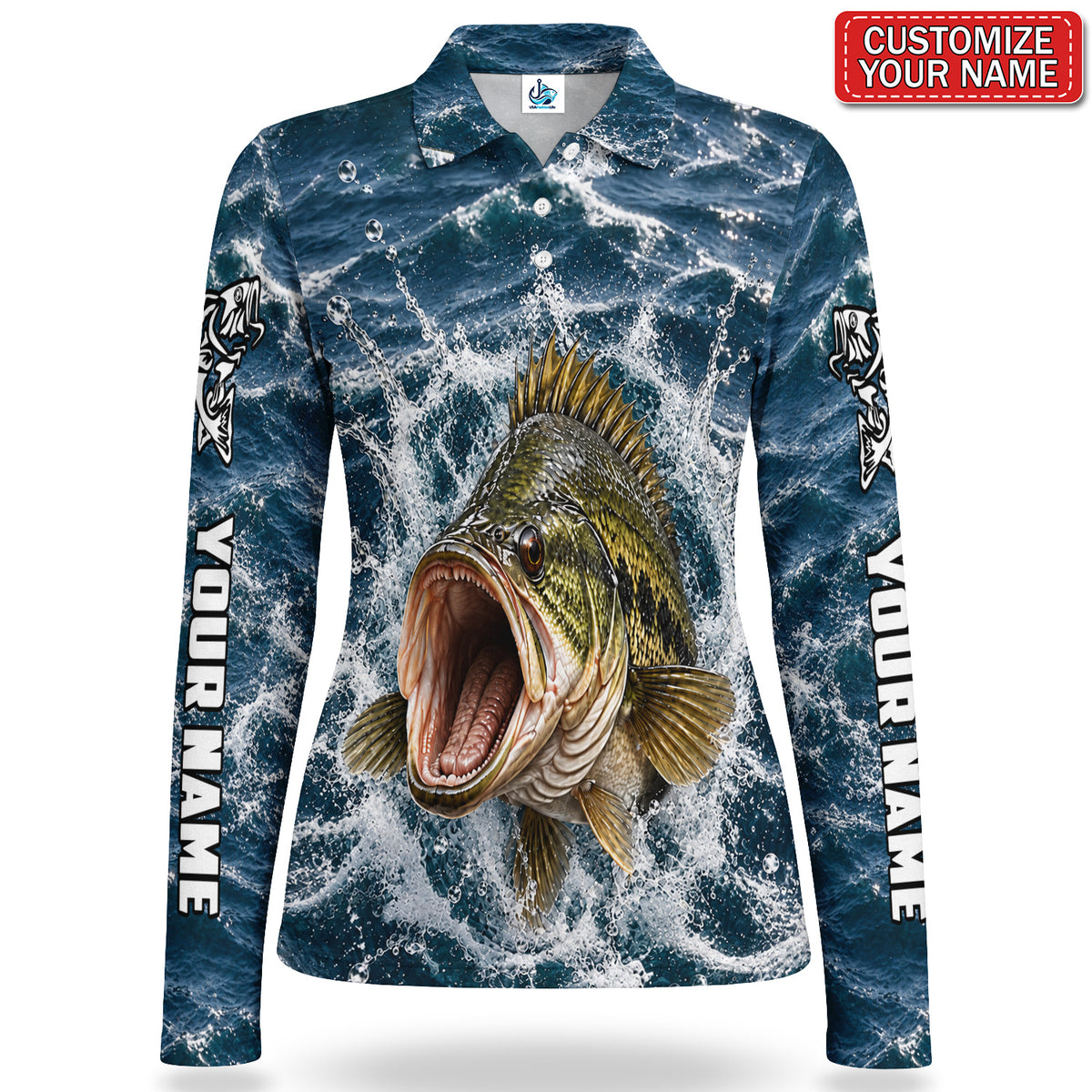 Personalized Bass Fishing Water Splash Women's Long Sleeve Polo