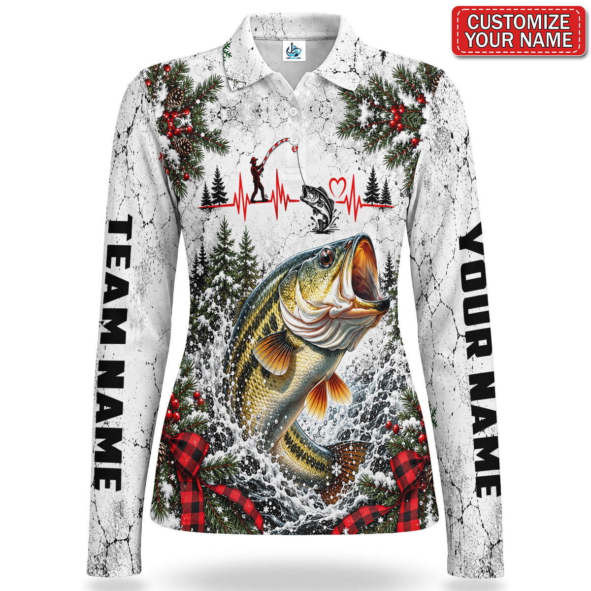 Personalized Bass Fishing Heartbeat Christmas Women's Long Sleeve Polo