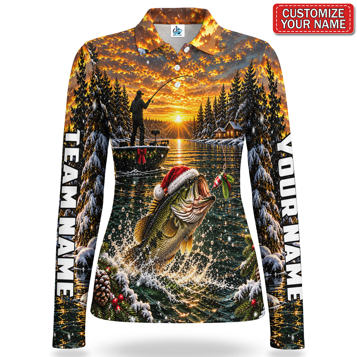 Personalized Christmas Bass Fishing Sunset Lake Women's Long Sleeve Polo