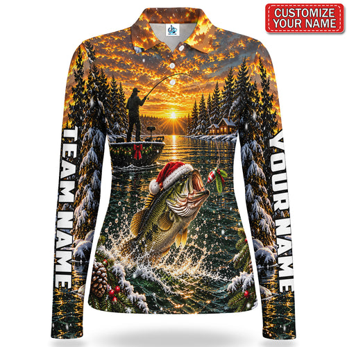 Personalized Christmas Bass Fishing Sunset Lake Women's Long Sleeve Polo