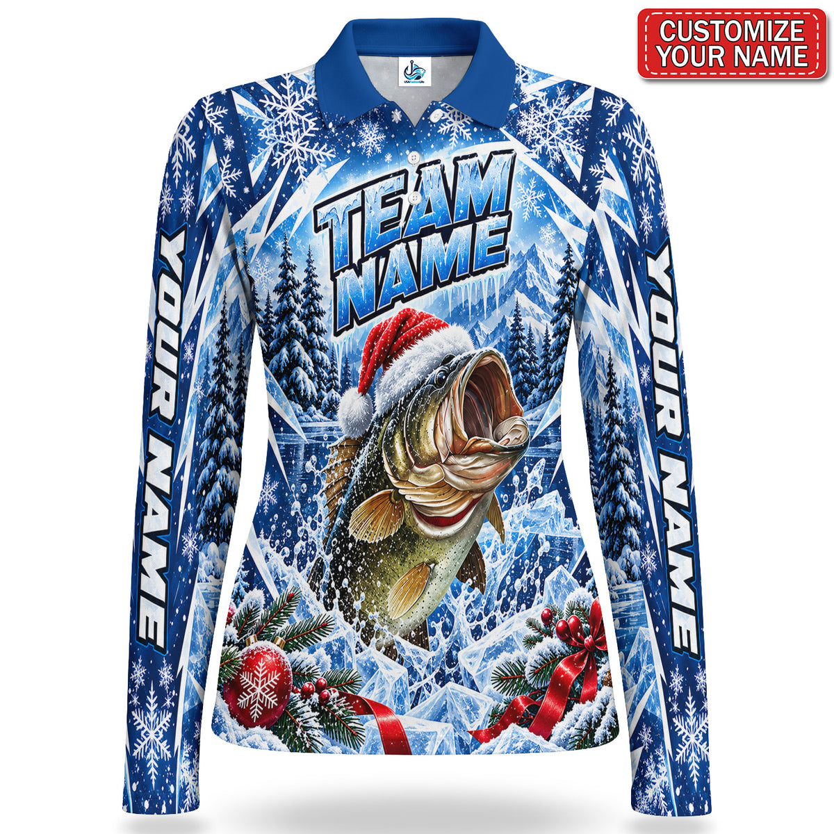 Personalized Santa Hat Bass Fishing Women's Long Sleeve Polo