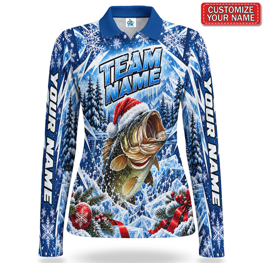 Personalized Santa Hat Bass Fishing Women's Long Sleeve Polo