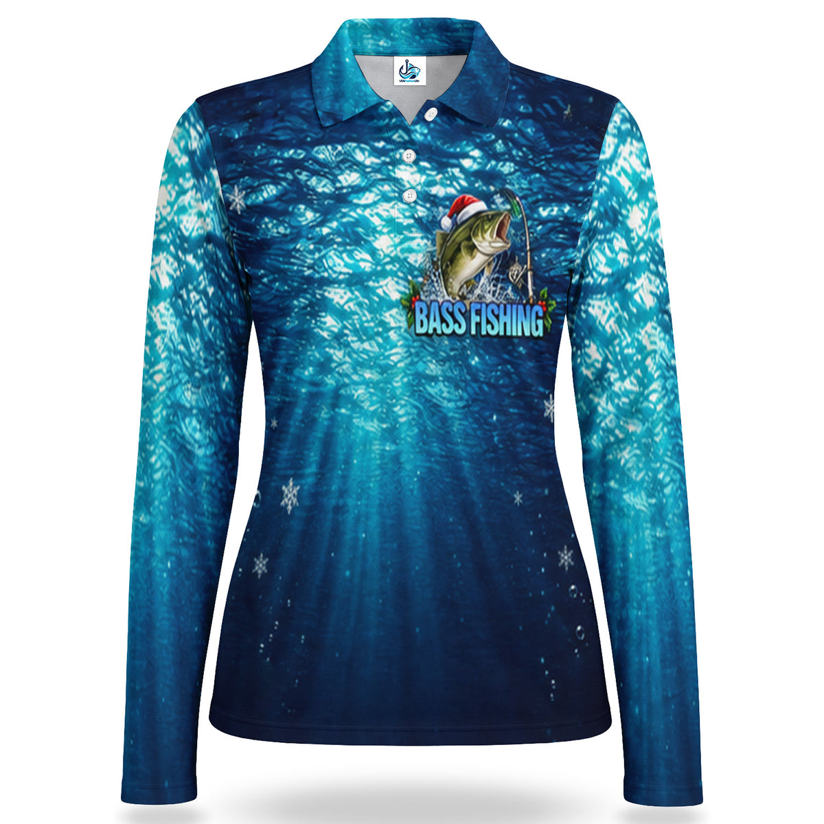 Santa Hat Bass and Blue Water Women's Long Sleeve Fishing Polo
