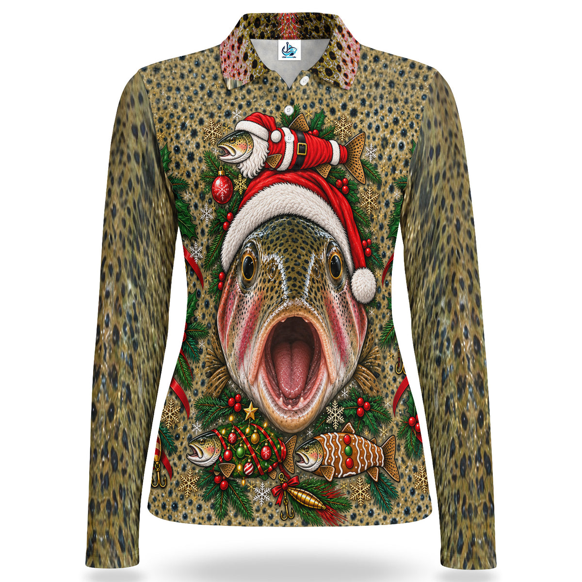 Christmas Rainbow Trout and Ornaments Women's Long Sleeve Fishing Polo