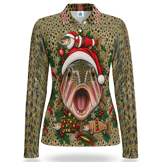 Christmas Rainbow Trout and Ornaments Women's Long Sleeve Fishing Polo
