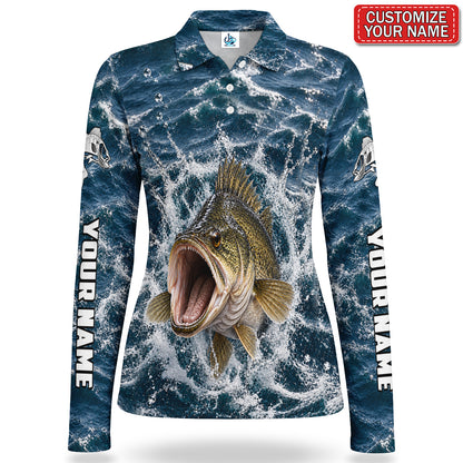 Personalized Golden Fish Breaking Waves Fishing Women's Long Sleeve Polo