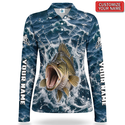 Personalized Golden Fish Breaking Waves Fishing Women's Long Sleeve Polo