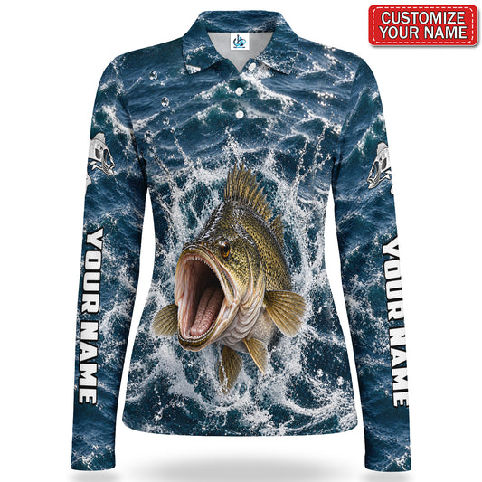 Personalized Golden Fish Breaking Waves Fishing Women's Long Sleeve Polo