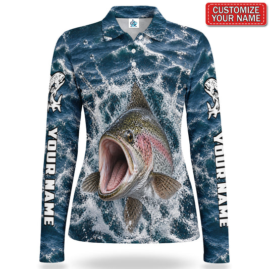 Personalized Rainbow Trout Fishing Water Splash Women's Long Sleeve Polo