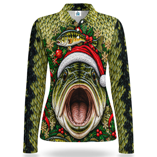 Santa Hat Bass and Holly Women's Long Sleeve Fishing Polo