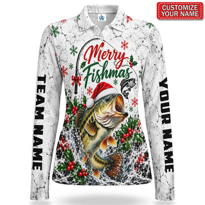 Personalized Merry Fishmas Bass Fishing Women's Long Sleeve Polo