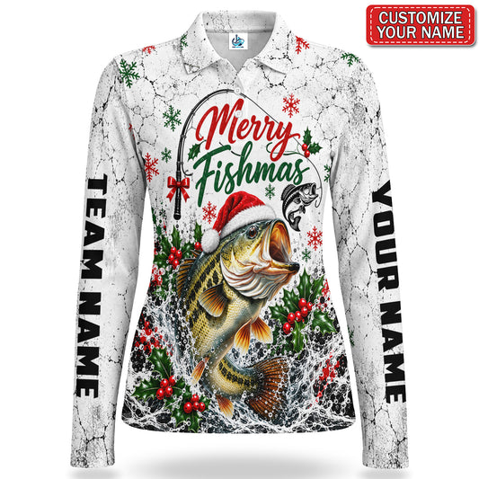 Personalized Merry Fishmas Bass Fishing Women's Long Sleeve Polo