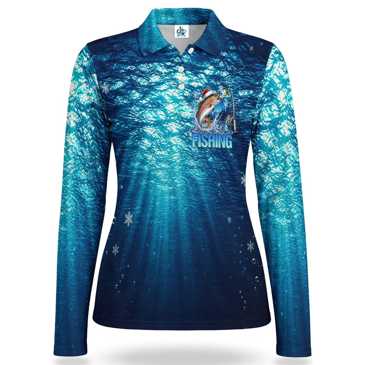 Christmas Trout and Underwater Sunbeams Women's Long Sleeve Fishing Polo