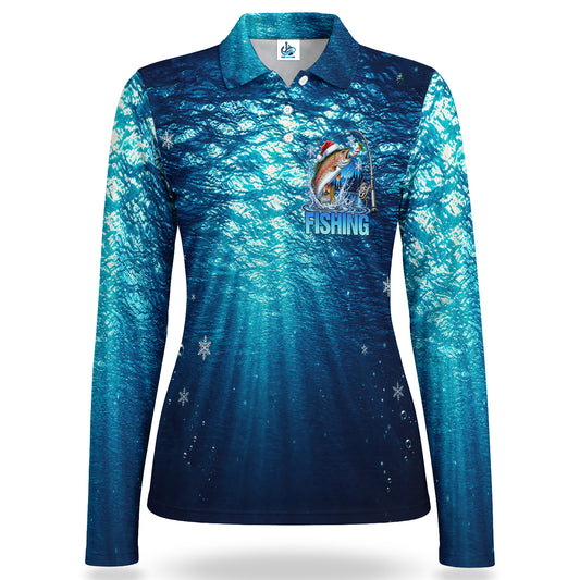 Christmas Trout and Underwater Sunbeams Women's Long Sleeve Fishing Polo