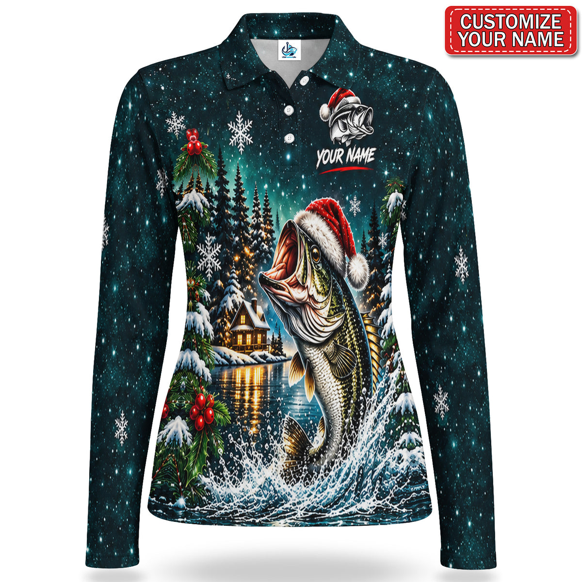 Personalized Santa Hat Bass Winter Cabin Fishing Women's Long Sleeve Polo