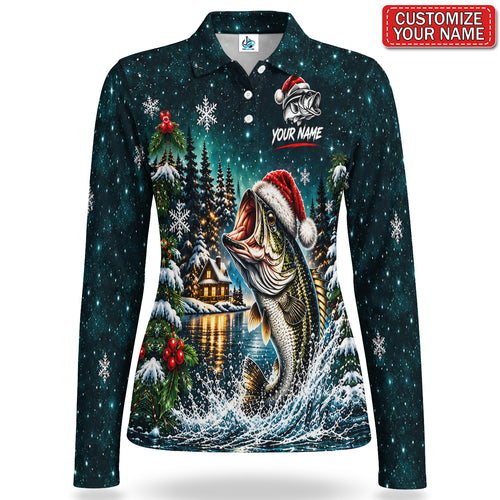 Personalized Santa Hat Bass Winter Cabin Fishing Women's Long Sleeve Polo