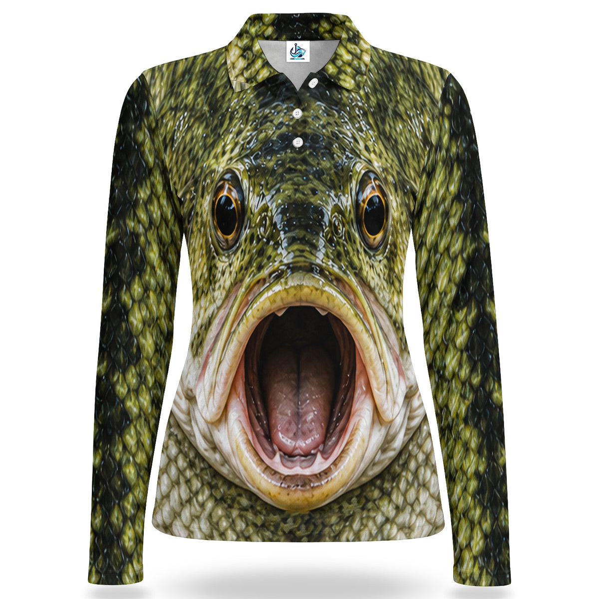 Open Mouth Bass Face Women's Long Sleeve Fishing Polo