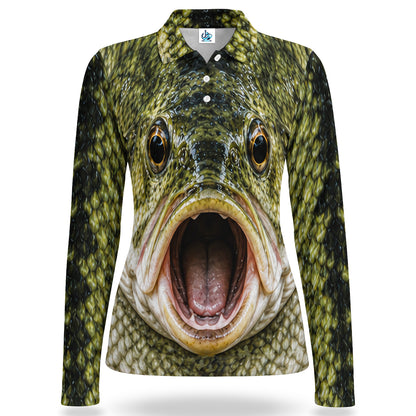 Open Mouth Bass Face Women's Long Sleeve Fishing Polo