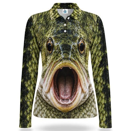Open Mouth Bass Face Women's Long Sleeve Fishing Polo