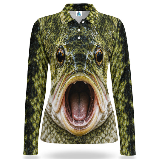 Open Mouth Bass Face Women's Long Sleeve Fishing Polo