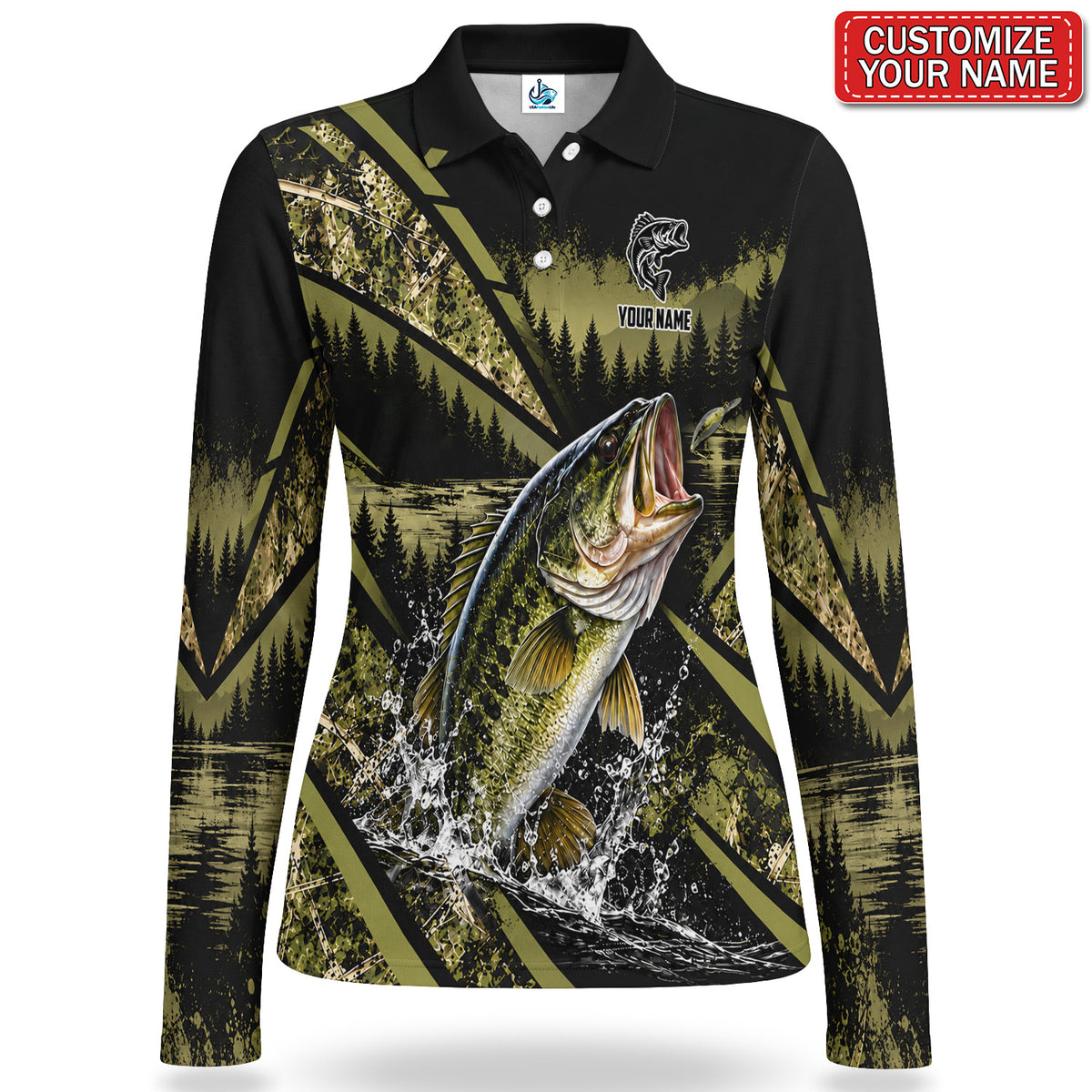 Personalized Bass Fishing Women's Long Sleeve Polo With Forest Lake Design