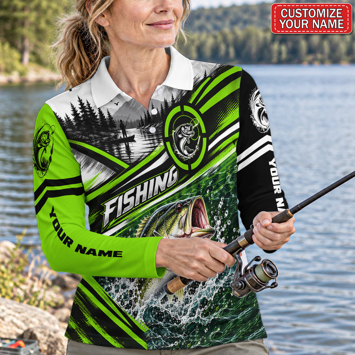 Personalized Neon Green Jumping Bass Fishing Women's Long Sleeve Polo