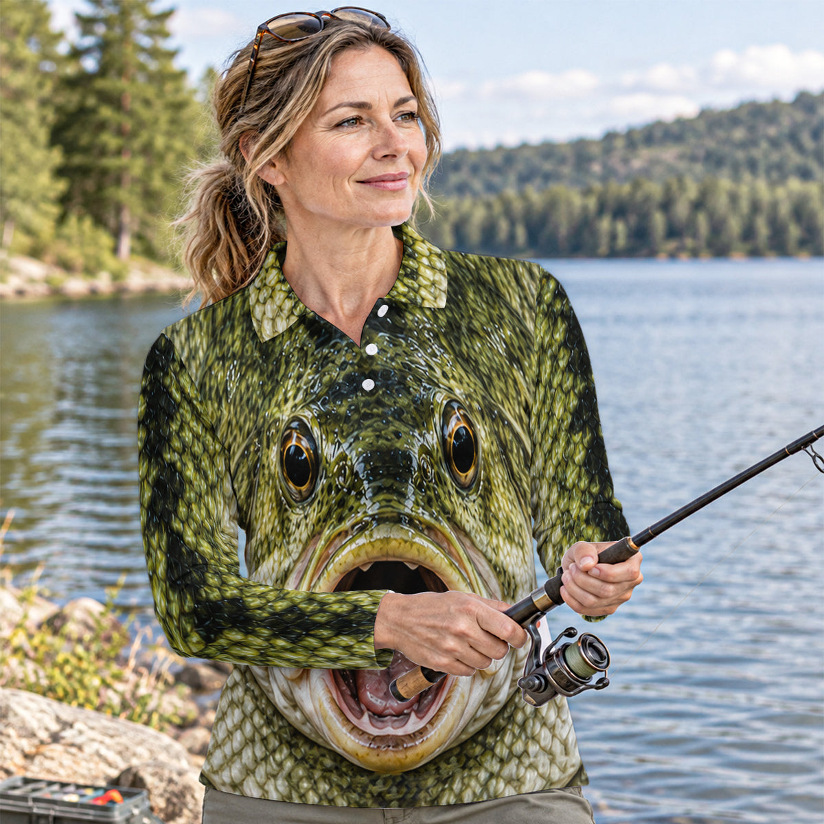 Open Mouth Bass Face Women's Long Sleeve Fishing Polo