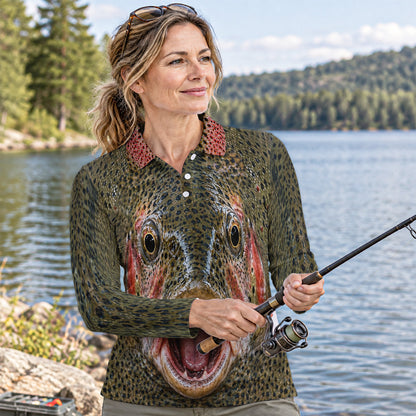Rainbow Trout Face Women's Long Sleeve Fishing Polo