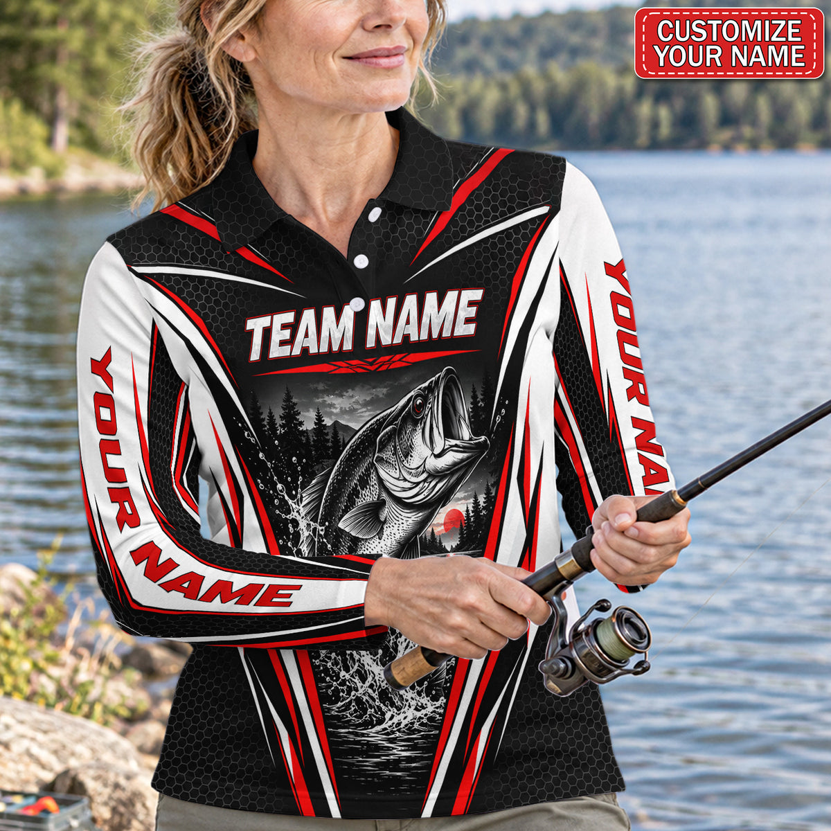 Personalized Team Bass Fishing Women's Long Sleeve Polo in Red, Black and White