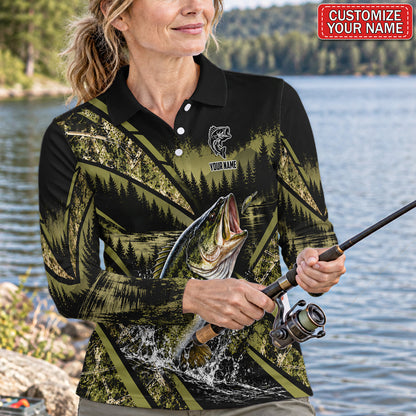 Personalized Bass Fishing Women's Long Sleeve Polo With Forest Lake Design