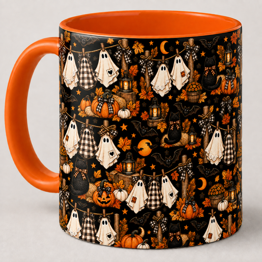 Spooky Ghost Halloween Mug, Vintage Pumpkin & Black Cat Mug