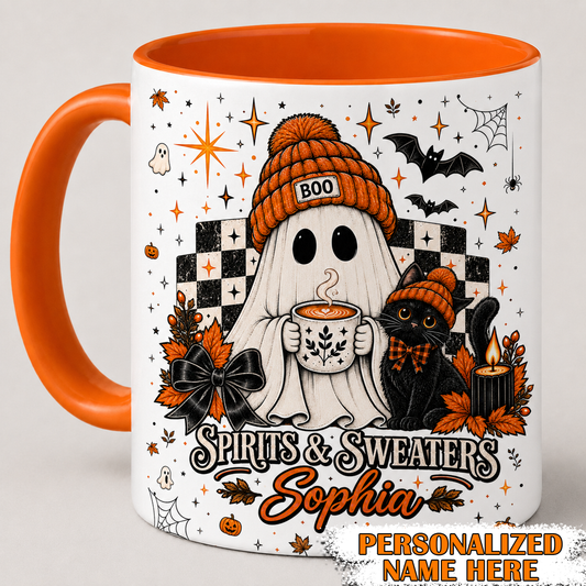 Personalized Spirits & Sweaters Halloween Mug, Ghost & Black Cat Mug